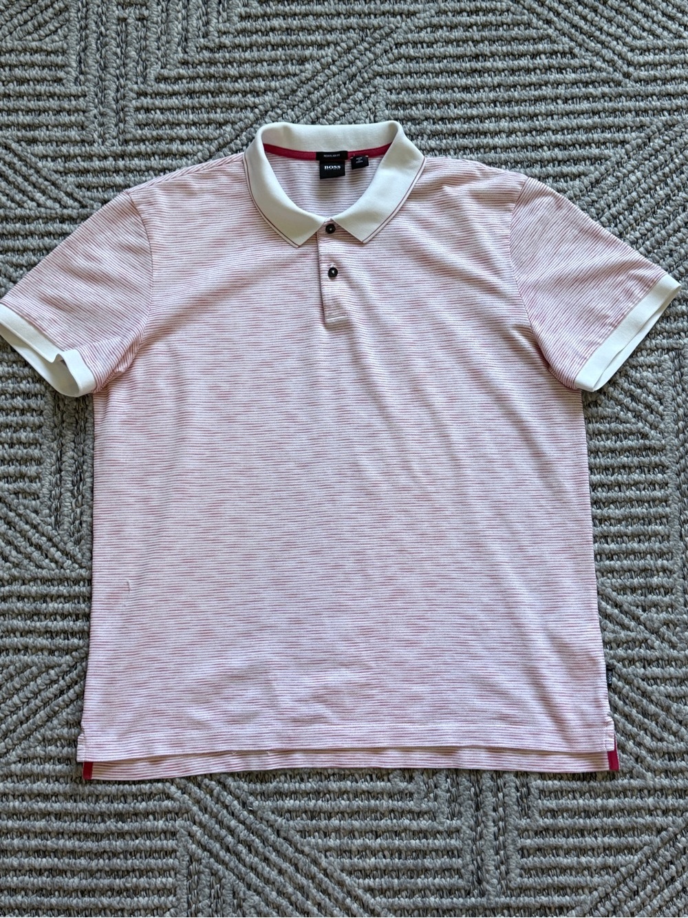 Boss Light Pink Stripe Polo with White Contrast Collar
